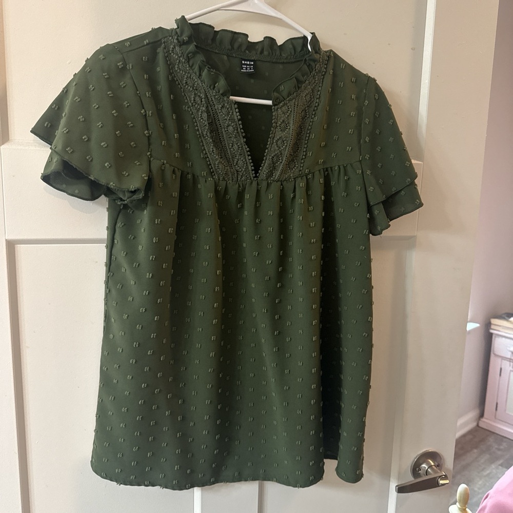 SHEIN Olive Green Textured Blouse with Lace Detail